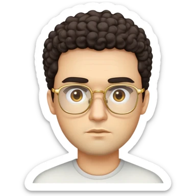 Man with square face, thick straight eyebrows, short curly dark hair, light facial scruff, serious neutral expression, wearing large square golden glasses sticker