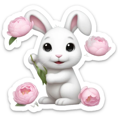 cute white bunny holding light pink peonies sticker