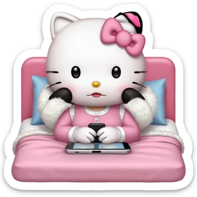 hello kitty without a mouth tucked into bed and using her phone sticker