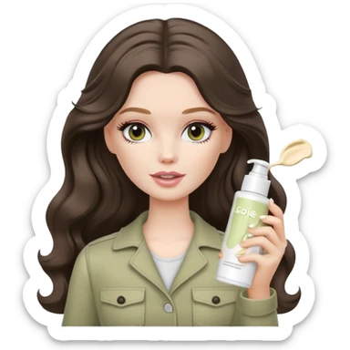 white Barbie girl with long wavy dark brown hair in pale olive clothes applying cream on face sticker