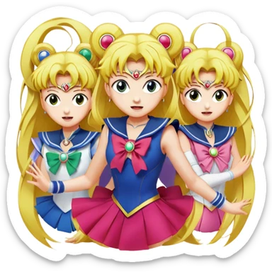 Icon for Anime: vibrant, dynamic scene with heros from Bishoujo Senshi Sailor Moon in action, featuring exaggerated expressions and colorful backgrounds. The design should reflect the distinct, energetic style of anime, with iconic eyes and unique visual elements. Transparent background. sticker