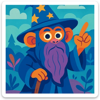 wizard monkey with classic wizard hat, long beard, fairy tale style, blue and purple tones sticker