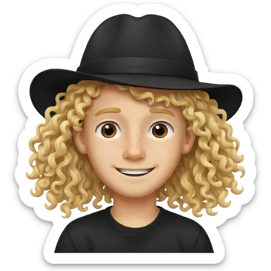 blonde boy with long curly hair past his hears and a LA hat, smiling, wearing a black shirt with freckles sticker