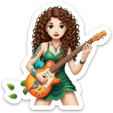 woman with long curly brown hair, brown eyes, white skin, tattoos, playing a root-shaped electric guitar that grows leaves from the strings, psychedelic glow, forest stage aura sticker