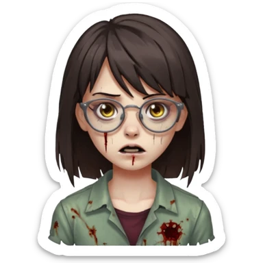 The basic iPhone emoji is a zombie girl with dark brown hair long below her shoulders bangs and a ragged haircut gray eyes glasses sticker