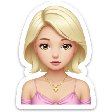 Girl with a platinum-blonde beauty with sleek, waist-length hair, flawless skin, fluttery lashes, and pouty lips-dressed in a sheer pink ruched top that ties in the center, glowing softly under the car lights with a dainty gold necklace completing her dreamy, doll-like look. sticker