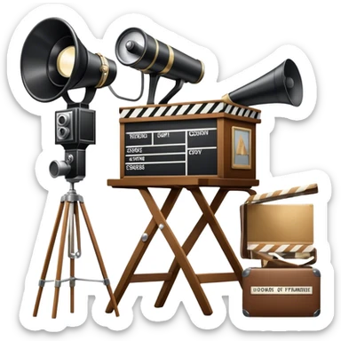 Icon for Directing: a director's chair, a film clapperboard, large movie camera, vintage megaphone and a stage with a spotlight. The icon should represent the creative and organizational aspects of directing, with focus on storytelling, staging, and performance. Transparent background. sticker