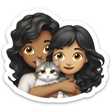 TAN SKIN GIRL with long black wavy hair and bangs HUGGING HER LIGHT BROWN, GRAY, and WHITE CALICO CAT  sticker