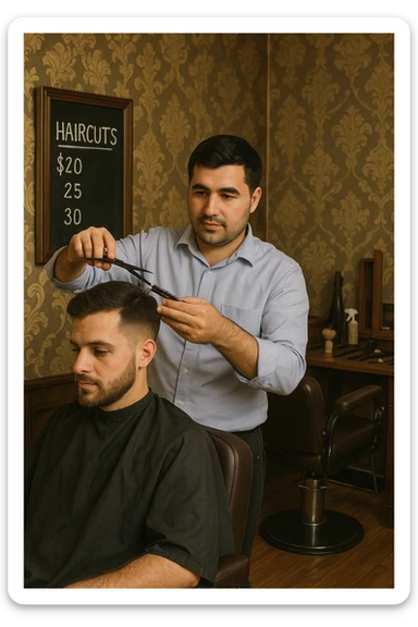 Draw me a picture of a barbershop that looks like this guy working in a barbershop. The barbershop doesn't have to be very modern. It should be on a medium floor. Also draw a blackboard on the wall. It should have the prices for haircuts there. sticker