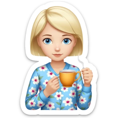 Blue eyed girl with short blond hair in floral pijamas is holding a cup of tea sticker