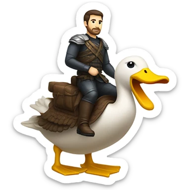 Confident armored White Man with dark brown hair and a short beard riding on the back of a giant duck sticker