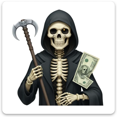 Grim Reaper iPhone emoji style, half skeleton half zombie face (no slime), holding a single scythe in left hand, 100 dollar bills floating around or partially visible, white background, dark and menacing atmosphere sticker