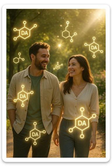 a smiling man and woman walk together along a sunlit park path, surrounded by green trees and blooming flowers. Sunbeams gently illuminate their faces, and subtle, glowing dopamine symbols float around them, symbolizing natural, healthy pleasure. The mood is uplifting and serene. sticker