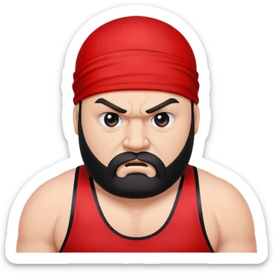 White skin fat guy with prominent black durag, black beard, black eyes in a red and black wrestling singlet with angry face sticker