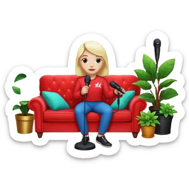 red velvet couch, stand microphone, houseplants, neon sign "karaoke" sticker