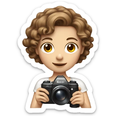 Girl with fair skin and shoulder length, brown, curly hair holding a camera while blushing sticker