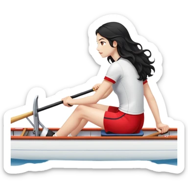 girl with long black wavy hair, white skin, wearing red shorts and white short-sleeve t-shirt, sitting in a long and thin racing boat suitable for Olympic rowing, rowing, boat and girl facing right in profile sticker