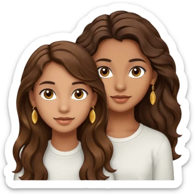 Pretty teen girl with brown wavy hair brown eyes tan skin and gold earrings with her best friend with very long very dark brown hair brown eyes and same skin and gold earrings sticker