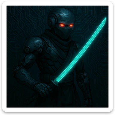 Add a glowing digital sword to the cyber ninja, keeping the original style and background intact. The style is cyber ninja with a digital, futuristic look, so the sword should have a glowing, high-tech digital effect that fits seamlessly with the cyber ninja theme. sticker