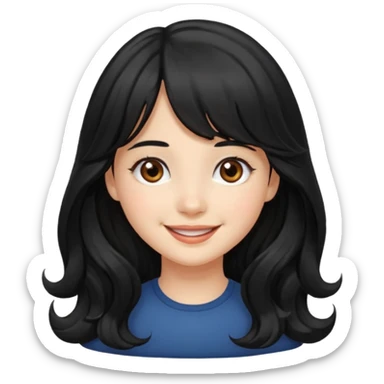 Please generate a portrait of a pretty girl with long, wavy, black hair. She's smiling. She also wears a middle parting and bangs. sticker