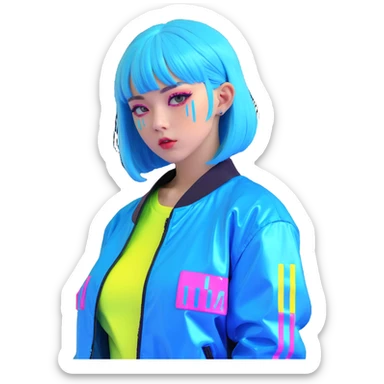 Cyberpunk Japanese girl with neon blue wig, holographic jacket, digital glitches effect, dark background with purple neon glow sticker