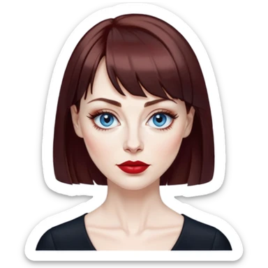 Woman in her late 40s with pale skin, wider face, blue eyes with eyeliner, thin eyebrows, small nose, red lipstick, dark auburn hair with bangs, wearing a black top sticker