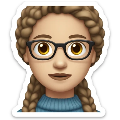 white light skin, long straight dark brown hair, light blue eyes, girl wearing aesthetic dark red sweater, glasses, sticker