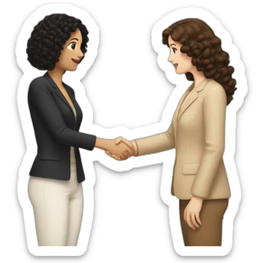 mid-sized pale woman with straight brown hair shakes hands with a tan mid-sized woman with black curly hair sticker