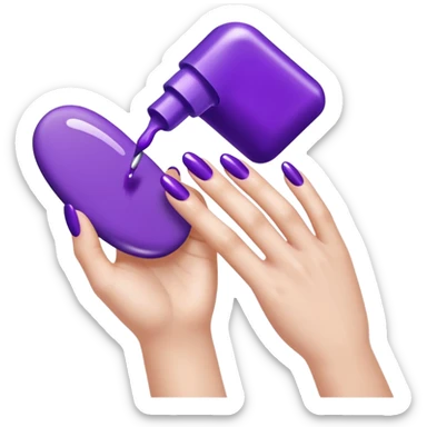 A close-up illustration of a hand with long, glossy purple-painted nails. A nail polish brush is shown applying purple polish to one of the nails, with smooth, clean strokes. The style is bright, polished, and emoji-like, emphasizing nail care, beauty, and manicure aesthetics. sticker