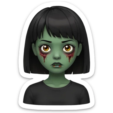 Zombie girl emoji verde escuro com cabelo curto liso preto no ombro e franja na altura da sobrancelha com uma blusa preta sticker