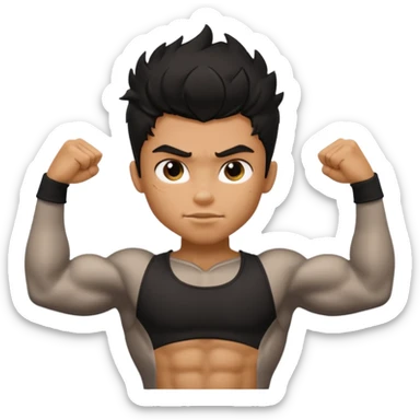 generate a pretty tan bratz boy with black messy hair flexing his biceps sticker