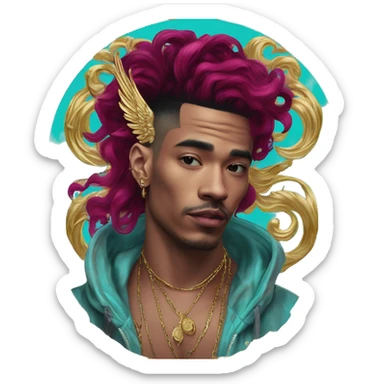 Vintage patina intricate swirls gold jewellery baroque raven wings angel tropical Deep pink maroon burgundy cyan dark hoodie man vitiligo dyed hair gold piercings nose piercing ear piercings sticker