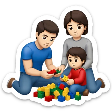 Handsome young man with dark hair built a little heavy like a football player sits with his young fiancé was cascading dark brown hair, putting together Legos sticker