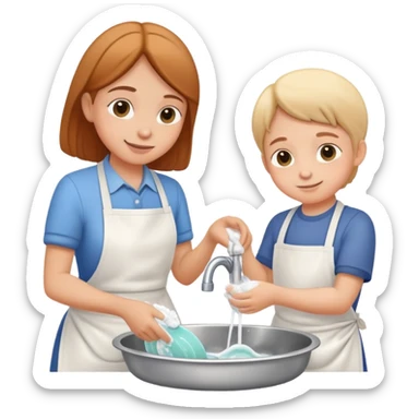 child and parent washing dishes together, friendly and caring sticker