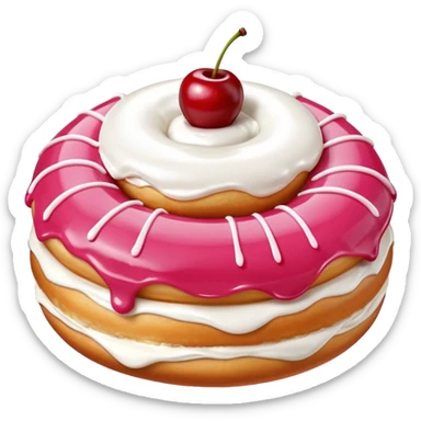 Round donut with smooth pink icing and thin white drizzle lines, golden-brown dough visible on the sides.
White whipped cream dollop in the center topped with a glossy red cherry and stem, clean studio lighting, pure white background, realistic minimal emoji-style. sticker