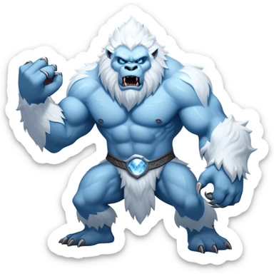 Cinematic Realistic WoW Yeti Portrait, captured in a dynamic, battle-ready stance, muscles rippling beneath dense fur of icy white and pale blue. His piercing ice-blue eyes blaze with raw power as frost clings to his form, rendered with dramatic natural lighting and high shine, exuding fierce, untamed strength in the midst of a wintry combat pose. sticker