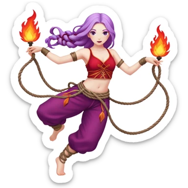 Full body rope Poi fire dance performer pale skin with long purple hair red clothes sticker