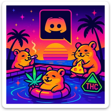 Discord server icon, square format, vibrant pool party at sunset with up to 3 hamsters, weed, cheese, and THC theme, no disco ball, synthwave style, bold neon colors, high contrast, dreamy gradients, sparkles, nostalgic, fun, inviting, summer party vibe, clear composition, less cutesy sticker