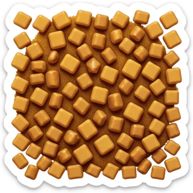 scatter of golden-brown sugar crystals, warm amber color, coarse and irregular matte grains, lightly clumped, natural molasses content, no spoon, bowl, or packaging, soft lighting, subtle shadows, transparent background, emoji scale sticker