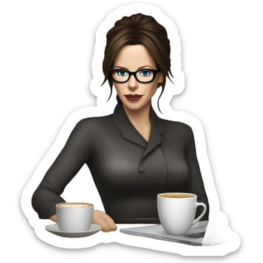 Hyper Realistic Kate Beckinsale dark blue eyes wearing glasses drinking coffee at a laptop  sticker