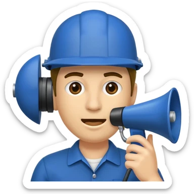 Um homem com capacete azul escuro segurando um megafone sticker