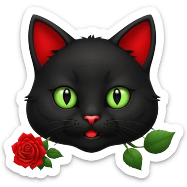 Cute emoji-style black cat holding a red rose in its mouth, big round eyes with light green sclera and black pupils, fluffy fur, clean mascot style, centered, soft beige background, 1:1 ratio. sticker