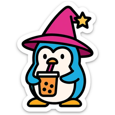 wizard penguin sipping a boba drink, icon style, clean lines, simple color palette sticker