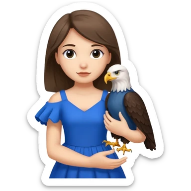 A girl wearing a big blue dress with a eagle on her arm sticker