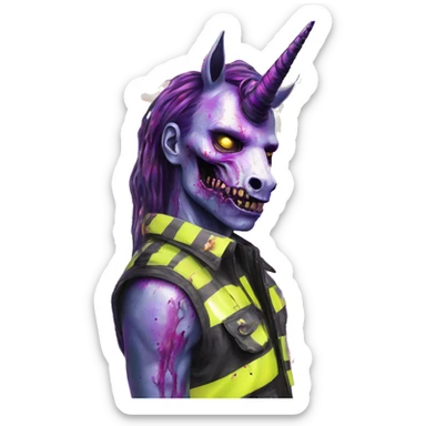 .Zombie_ Vaporwave black holographic oilslick zombie unicorn yellow caution tape sticker