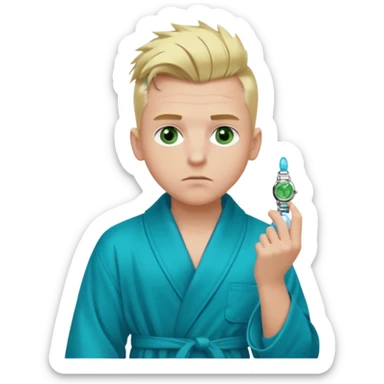 A white man with green eyes, medium-length blond hair in a low mohawk, wearing a blue Cartier watch on his wrist and a luxurious black and white bathrobe, appearing to be about 14 years old, with messy hair and a white pacifier in his mouth. sticker