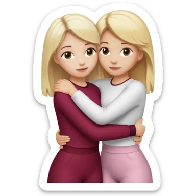 two girls who hug eachother. one has medium blonde hair with blonde highlights and very pale skin , other has medium skintone and blush and blonde hair. girl with medium blonde hair is wearing a white outfit and girl with blonde hair is wearing a burgundy outfit sticker