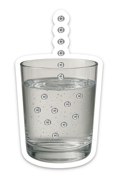 un bicchiere di acqua fluttua in aria realistico e dettagliato, dentro l'acqua del bicchiere ci sono particelle di cloro ben visibili con la scritta "Cl" sopra, ci sono particelle anche che escono dal bicchiere e fluttuano in aria verticalmente, mentre alcune sono all'interno dell'acqua nel bicchiere, iperrealistico 4k sticker