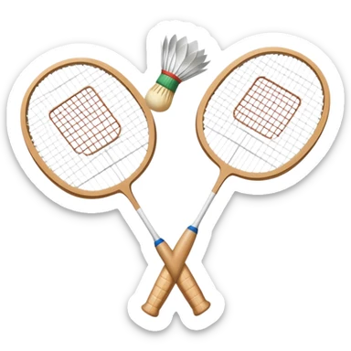 Two crossed badminton rackets with a shuttlecock resting in between, set against the faint outline of a badminton court. The image highlights the tools of the sport, with a subtle emphasis on the court's net and boundaries, symbolizing competition and skill. sticker
