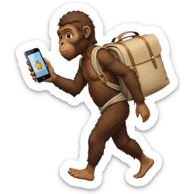 Draw an Australopithecus walking like a nomad, carrying a cloth bundle on its back and holding an iPhone in one hand and an 
macbook(screen visible) in the other, in a cute flat iPhone emoji style sticker